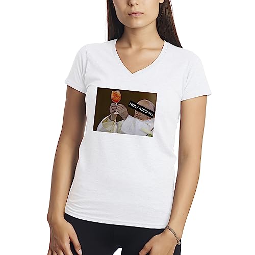 holy Aperoli Pope Francis Inspired Damen V-Ausschnitt Weißes T-Shirt Size M von Makdi