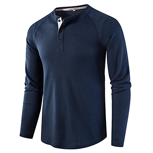 Langarmshirt Herren Henley Shirt Herren Langarm Waffle Knopf Longsleeve Henley T-Shirt Slim Fit Männer Casual Hemden Blau XL von MakingDa