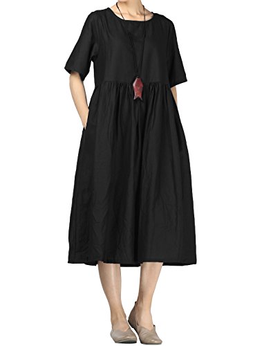 FTCayanz Damen Leinen Sommer Kleider Rundhals Kurzarm Midi Kleid mit Doppelte Taschen Schwarz L von FTCayanz