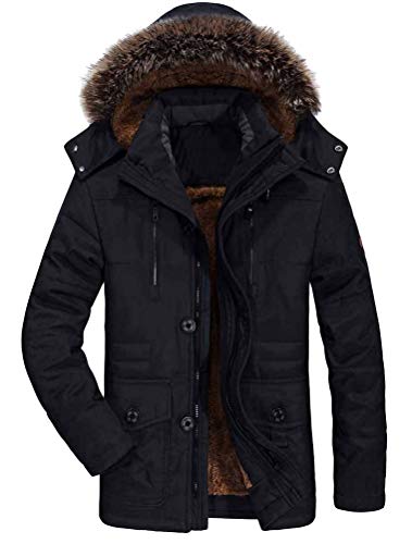 FTCayanz Herren Warme Winterjacke Parka Lang Wintermantel Mit Kunstfell Kapuze Outdoor Gefütterte Steppjacke Jacke Schwarz S von FTCayanz