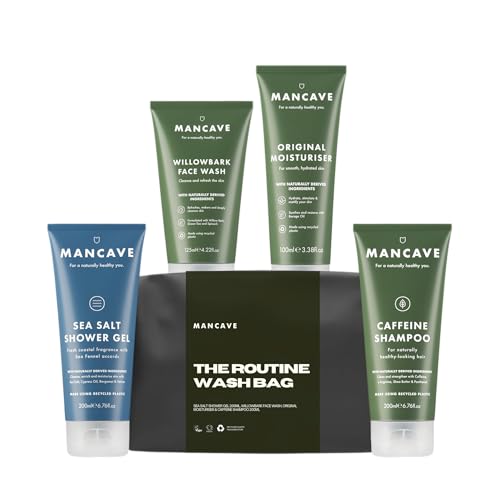 ManCave Essentials Kulturbeutel Herren - Geschenkset Männer mit Duschgel Herren, Shampoo, Body Bar, Feuchtigkeitscreme, Gesichtspeeling und Waschgel, Umweltbewusst, Vegan, Hergestellt in GB von ManCave