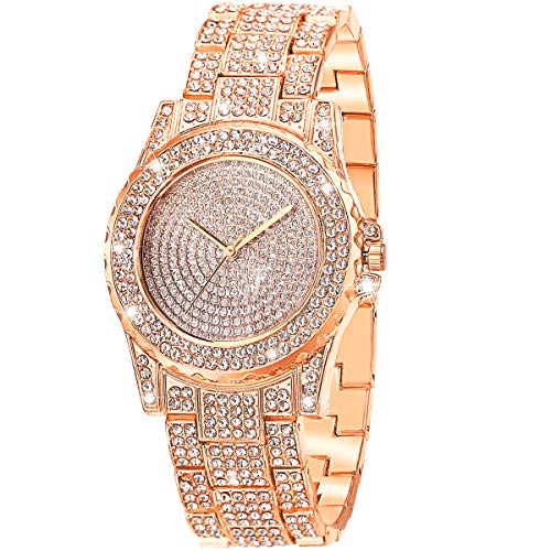 ManChDa Damen Armbanduhr Luxus Volle Kristall Diamanten Bling Bling Edelstahl Uhren Damen Quarzuhr für Frauen Klassische Mode Romantische Armbanduhr (2.Rosegold) von ManChDa