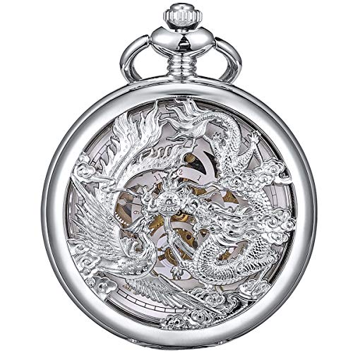 ManChDa Mechanische Taschenuhr für Männer Frauen Drache und Phönix Taschenuhr mit Kette, 13. Silber-Gold, 1e Silberfarben von ManChDa