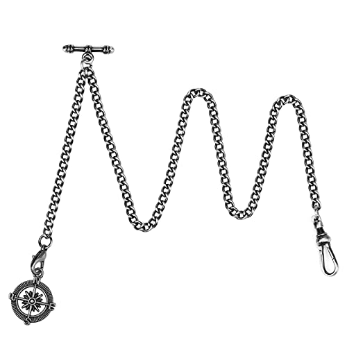 ManChDa Albert Chain Taschenuhr, T-Bar Kette mit Lebenskompass Anhänger, 4. Schwarz, 3D Schwarz von ManChDa