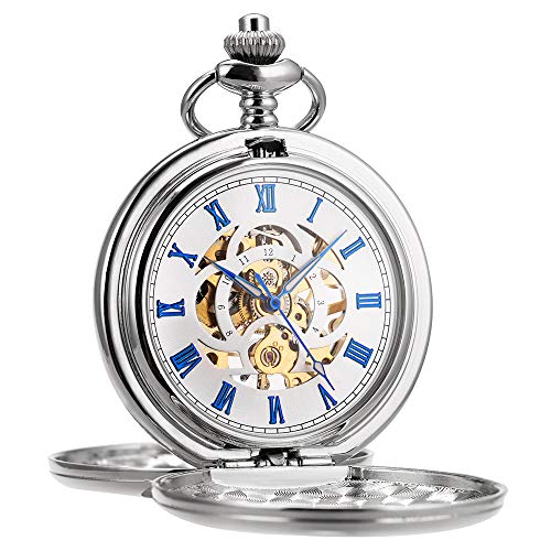 ManChDa Taschenuhr Retro Glatt Klassisch Mechanische Handaufzug Taschenuhr Steampunk Römische Ziffern Taschenuhr für Männer Frauen mit Kette + Box, 2. Silber mit Blau, Mechanisch von ManChDa