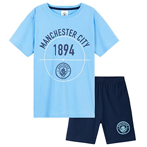 Manchester City FC Schlafanzug Jungen Kurz, Pyjama Set T-Shirt & Schlafshorts (Dunkelblau/Blau, 13-14 Jahre) von Manchester City FC