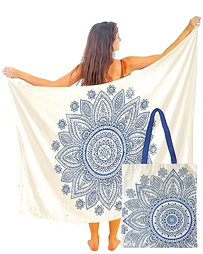 Blauer Mandala Strand Sarong Damen Baumwolle Mit Mandala-Einkaufstasche Groß Strand Pareo Strandtuch Wickeltuch Wickelrock Strandrock Tapisserie Wickeltuch Bikini Cover Up Tragen Über Badeanzügen von Mandala Life ART