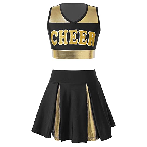 Manyakai Mädchen Cheer Leader Outfit Kinder Ärmellos Crop Top Mit Faltenrock Cheerleading Karneval Fasching Party Halloween Set Wett"be"werb Kleidung Schwarz 152 von Manyakai