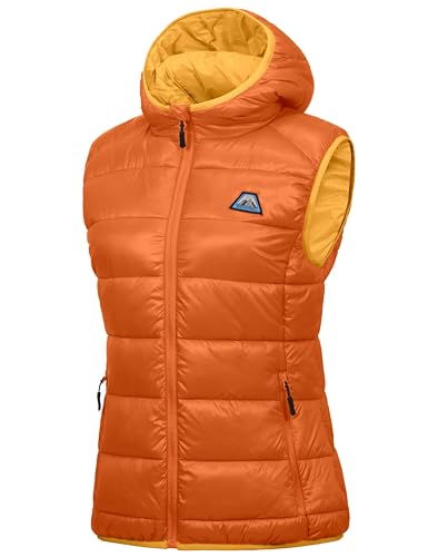 Mapamyumco Damen Daunenweste leichte wasserdichte lässige Outdoorjacke mit Kapuze, ärmellose Daunenjacke Orange M von Mapamyumco