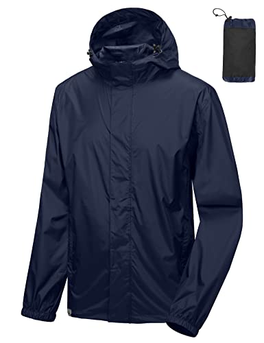 Mapamyumco Herren Regenjacke Wasserdicht Kapuze Outdoor Leichte Regen Shell Mantel Packable Marineblau L von Mapamyumco