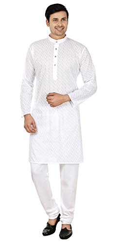 Chikan Gestickte Herren Kurta Pyjama Indien Bekleidung (Weiß, L) von MapleClothing