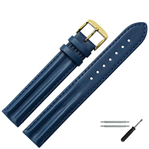 MARBURGER Uhrenarmband 20mm Leder Blau Gold XL Glatt Mit Naht - Montage Set 6832050000220 von MARBURGER