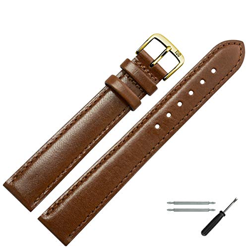 MARBURGER Uhrenarmband 14mm Leder Braun Gold XL Glatt Mit Naht - Montage Set 6601432000220 von MARBURGER