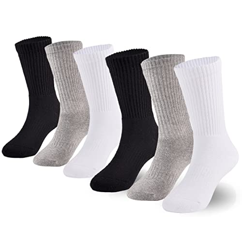 Marchare Jungen Socken Kinder gepolstert Crew Socken Mädchen dicke Baumwolle sportlich laufen Socken schwarz/weiß/grau 6 Pack 10-14 Jahre von Marchare