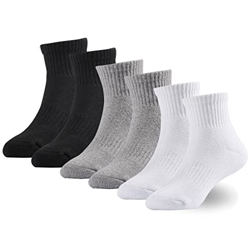 Marchare Jungensocken Kinder Gepolsterte Crew Socken Mädchen Dicke Baumwoll-Sportsocken 5-7 Jahre Schwarz/Weiß/Grau 6er-Pack von Marchare