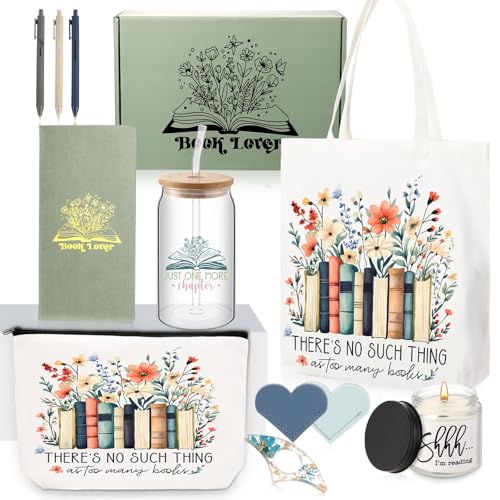 Marspark 12-teiliges Buchliebhaber-Geschenk-Set für Damen, inklusive Leinentasche, Glasbecher, Make-up-Tasche, Blumenmuster, Sojakerzen, Herz, Lesezeichen, Seitenhalter, Stifte, Haftnotizen, Buchclub Marspark 12-teiliges Buchliebhaber-Geschenk-Set für Damen, inklusive Leinentasche, Glasbecher, Make-up-Tasche, Blumenmuster, Sojakerzen, Herz, Lesezeichen, Seitenhalter, Stifte, Haftnotizen, Buchclub von Marspark