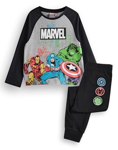 Marvel Avengers Jungen Pyjama-Set | Kinder Superhero Langarm Langbein Grafik Pyjamas in Grau und Schwarz | Iron Man Incredible Hulk Captain America Klassisches Comic-Kunstwerk | Film Film Merchandise von Marvel