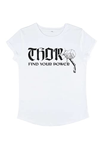 Marvel Damen Avengers Classic Power Of Thor Women's Rolled Sleeve T-shirt, Weiß, L von Marvel