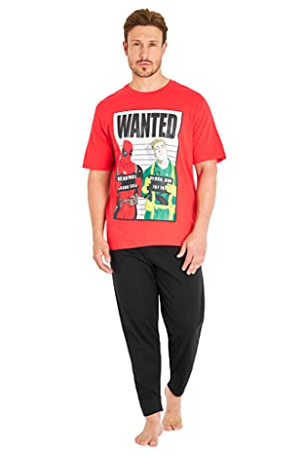 Marvel Schlafanzug Herren Lang Deadpool Avengers Pyjama Set Kurzarm Nachtwäsche Herren Teens Länge Pyjamahose (Rot/Schwarz, 2XL) von Marvel