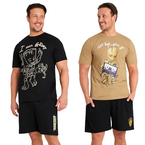 Marvel Groot Schlafanzug Herren Kurz, Pyjama Set T-Shirt & Schlafshorts 2er-Pack (Schwarz/Beige, 2XL) von Marvel