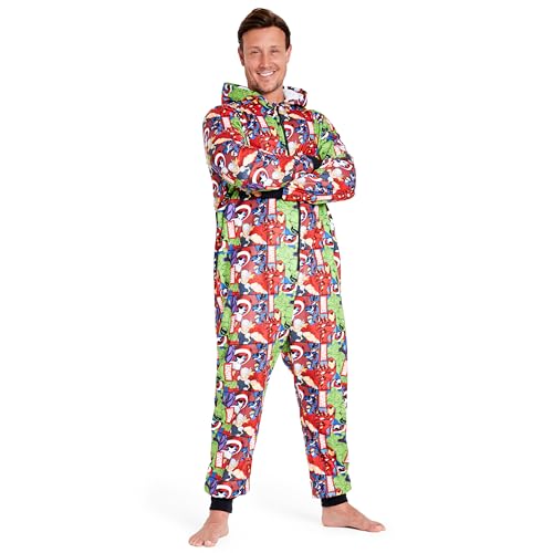 Marvel Onesie Herren mit Kupuze, Fleece Schlafoveralls für Herren Teenager, Jumpsuit Herren Lang - Größen S bis XXL (Mehrfarbig, M) von Marvel