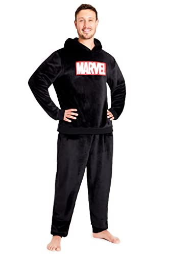 Marvel Schlafanzug Herren Lang, Fleece Hausanzug Herren Pyjama mit Hoodie Herren Oberteil(Schwarz, L) von Marvel