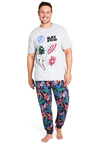 Marvel Schlafanzug Herren Lang Deadpool Avengers Pyjama Set Kurzarm Nachtwäsche Herren Teens Länge Pyjamahose (Grau/Mehrfarbig, M) von Marvel