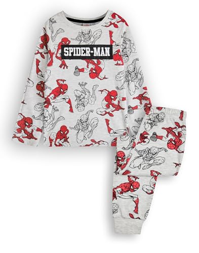 Marvel Spiderman Jungen Pyjama Set | Kinder Superhero Langarm Langarm-Grafik-Pyjama in Grau | Allover-Print Spider-Man Nachtwäsche in Rot und Schwarz | Film Film Comic Nachtwäsche Merchandise von Marvel