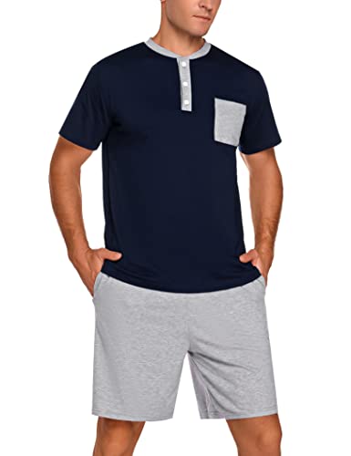 Marvmys Herren-Pyjama-Set aus Baumwolle, mit kurzen Ärmeln, Nachtwäsche, 2-teilig, bequeme Nachtwäsche mit Tasche, Dunkelblauer Henley-Ausschnitt, XX-Large von Marvmys