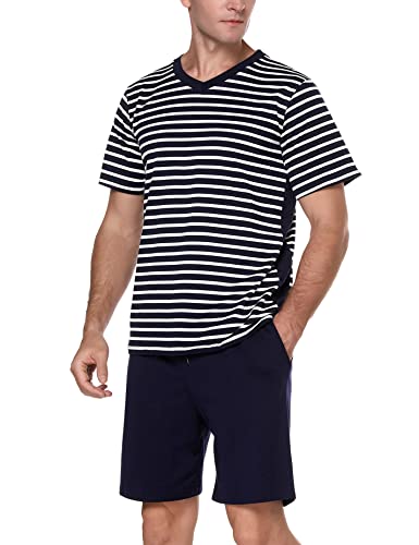 Marvmys Herren Kurzarm Pyjama Set Sommer Pj Kurz Set 2 Stück Loungewear Nachtwäsche mit Taschen, Weiße Streifen, Medium von Marvmys