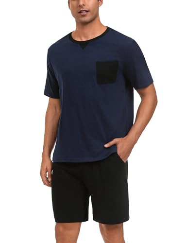 Marvmys Schlafanzug Herren Kurzarm Sommer Pyjama Männer Nightwear Rundhals Pyjamaset Kurz T-Shirt Schlafanzughose Shorts Navy blau L von Marvmys