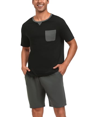 Marvmys Schlafanzug Herren Kurzarm Sommer Pyjama Männer Nightwear Rundhals Pyjamaset Kurz T-Shirt Schlafanzughose Shorts Schwarz M von Marvmys