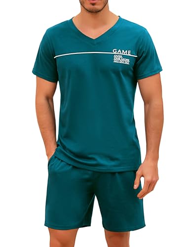 Marvmys Herren Schlafanzug Kurz Pyjama Baumwolle V-Ausschnitt Nightwear Nachtwäsche Pyjamaset Kurzarm T-Shirt Schlafanzughose Shorty Dunkelgrün L von Marvmys