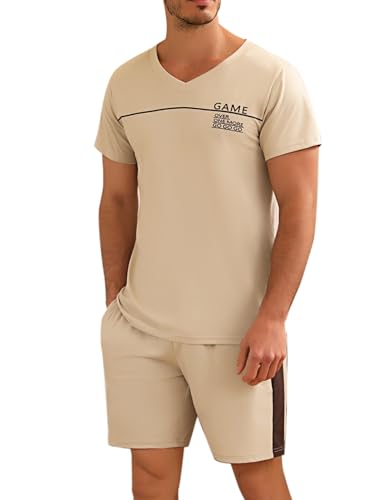 Marvmys Herren Schlafanzug Kurz Pyjama Baumwolle V-Ausschnitt Nightwear Nachtwäsche Pyjamaset Kurzarm T-Shirt Schlafanzughose Shorty Helles Khaki S von Marvmys