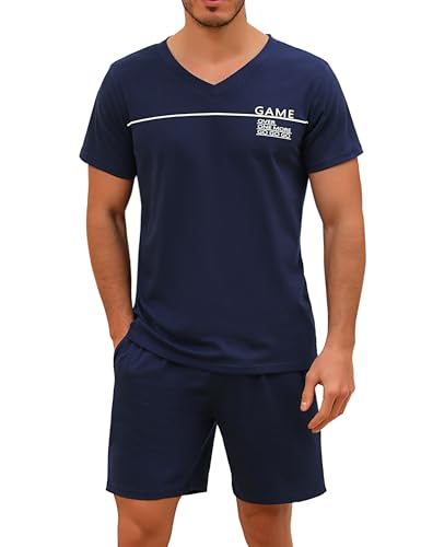 Marvmys Herren Schlafanzug Kurz Pyjama Baumwolle V-Ausschnitt Nightwear Nachtwäsche Pyjamaset Kurzarm T-Shirt Schlafanzughose Shorty Navy blau M von Marvmys