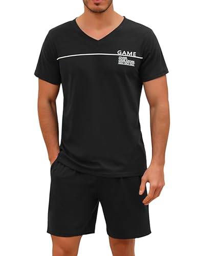 Marvmys Herren Schlafanzug Kurz Pyjama Baumwolle V-Ausschnitt Nightwear Nachtwäsche Pyjamaset Kurzarm T-Shirt Schlafanzughose Shorty Schwarz L von Marvmys