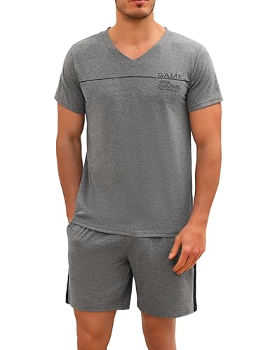 Marvmys Herren Schlafanzug Kurz Pyjama Baumwolle V-Ausschnitt Nightwear Nachtwäsche Pyjamaset Kurzarm T-Shirt Schlafanzughose Shorty dunkelgrau L von Marvmys