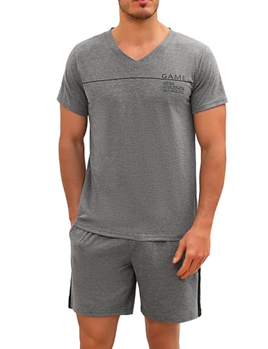 Marvmys Herren Schlafanzug Kurz Pyjama Baumwolle V-Ausschnitt Nightwear Nachtwäsche Pyjamaset Kurzarm T-Shirt Schlafanzughose Shorty dunkelgrau S von Marvmys