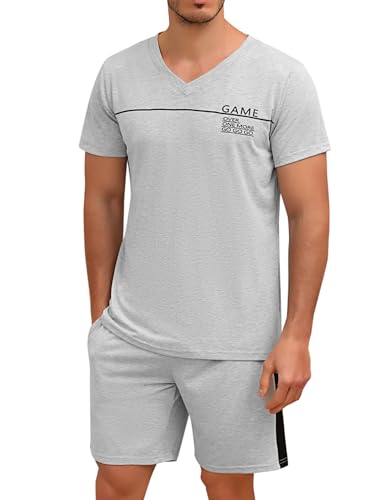 Marvmys Herren Schlafanzug Kurz Pyjama Baumwolle V-Ausschnitt Nightwear Nachtwäsche Pyjamaset Kurzarm T-Shirt Schlafanzughose Shorty hellgrau XL von Marvmys