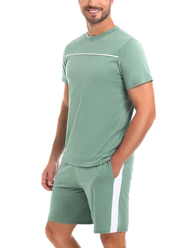 Marvmys Herren Schlafanzug Set kurz Zweiteilige Nachtwäsche aus Baumwolle Rundhals V-Ausschnitt Sleepwear Pyjama Hausanzug Freizeitanzug A-Grün XL von Marvmys