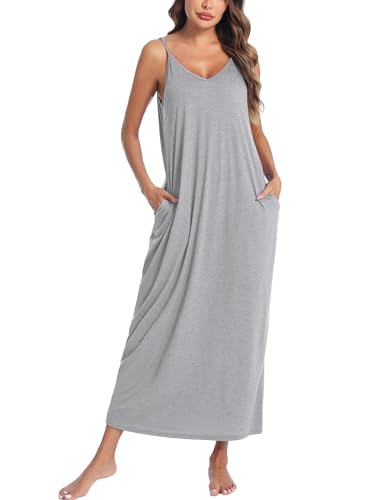 Marvmys Lange Damen-Nachthemden aus Baumwolle, Spaghettiträger, V-Ausschnitt, durchgehender Slip, Schlafshirt mit Taschen, Hellgrau, X-Large Marvmys Lange Damen-Nachthemden aus Baumwolle, Spaghettiträger, V-Ausschnitt, durchgehender Slip, Schlafshirt mit Taschen, Hellgrau, X-Large von Marvmys