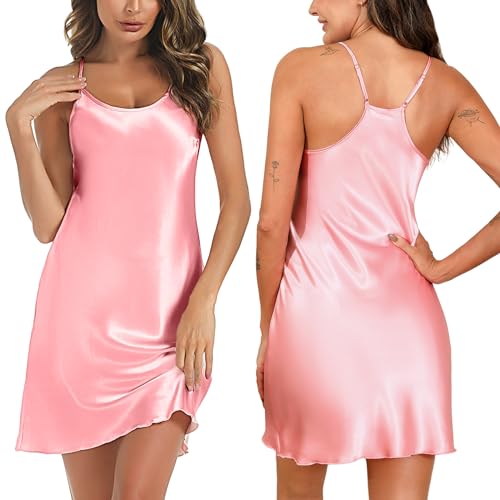 Marvmys Nachthemd Damen Sexy Kurze Satin Negligee Unterkleid Damen Babydoll Sommer Sleepshirt mit Verstellbare Träger Dunkelpink L von Marvmys