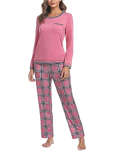 Marvmys Schlafanzug Damen Lang aus Baumwolle Zweiteiliger Pyjama Set Karierte Langarm Nachtwäsche Hausanzug Homewear für Frauen Mädchen E-Dunkelpink L von Marvmys