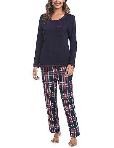 Marvmys Schlafanzug Damen Lang aus Baumwolle Zweiteiliger Pyjama Set Karierte Langarm Nachtwäsche Hausanzug Homewear für Frauen Mädchen E-Navy blau-A S von Marvmys