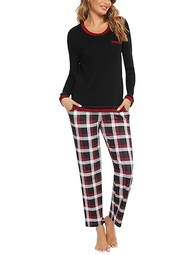 Marvmys Schlafanzug Damen Lang aus Baumwolle Zweiteiliger Pyjama Set Karierte Langarm Nachtwäsche Hausanzug Homewear für Frauen Mädchen L E-Schwarz von Marvmys