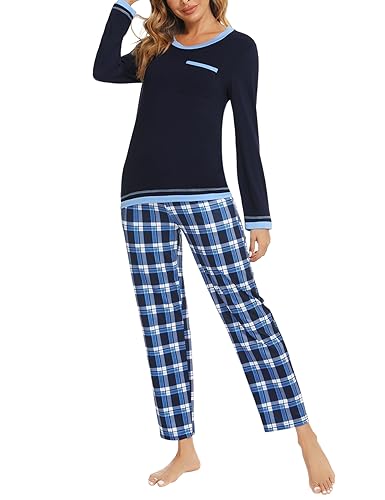 Marvmys Schlafanzug Damen Lang aus Baumwolle Zweiteiliger Pyjama Set Karierte Langarm Nachtwäsche Hausanzug Homewear für Frauen Mädchen M E-Blau von Marvmys