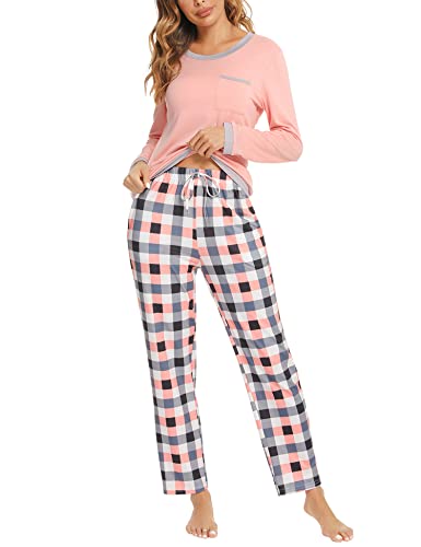 Marvmys Schlafanzug Damen Lang aus Baumwolle Zweiteiliger Pyjama Set Karierte Langarm Nachtwäsche Hausanzug Homewear für Frauen Mädchen S E-Rosa von Marvmys