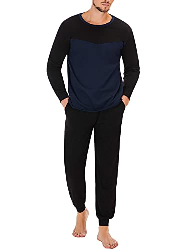 Marvmys Schlafanzug Herren Lang aus Baumwolle Zweiteiliger Warm Pyjama für Männer Herbst Winter Nachtwäsche Langarm Hausanzug Sleepwear L B-Schwarzblau von Marvmys