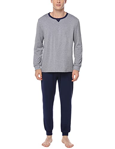 Marvmys Schlafanzug Herren Lang aus Baumwolle Zweiteiliger Warm Pyjama für Männer Herbst Winter Nachtwäsche Langarm Hausanzug Sleepwear XL A-Grau von Marvmys