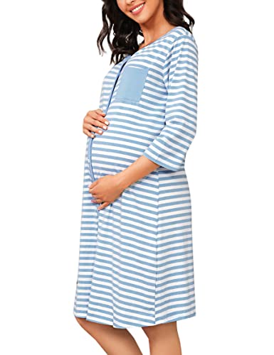 Marvmys Stillnachthemd Damen 3/4 Ärmel Geburtskleid Umstandsnachthemd Baumwolle Streifen Schlafhemd mit Durchgehender Knopfleiste Pyjama für Schwangere Blau M von Marvmys